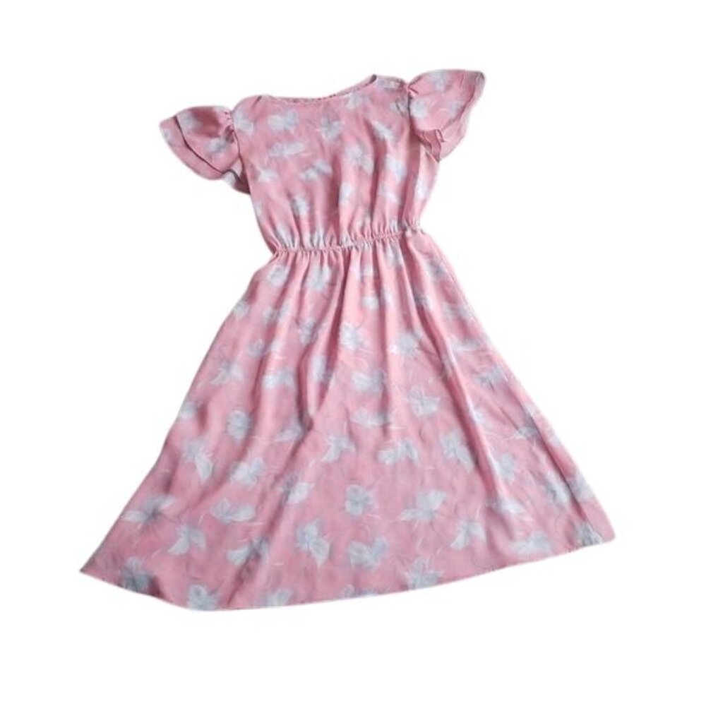 LF Petite Sheer Lined Pink Floral Elastic Gathered Waist Sun Dress, Sz SP